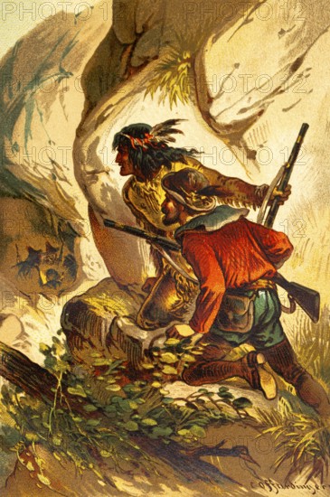 In the Peruvian Highlands, fantasy picture, fairy tale characters, fantasy, European man, indigenous with feather decoration, rifle, watching, hiding place, mountains, Andes, Peru, color historical illustration 1888