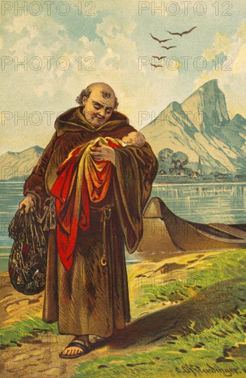 The Foundling of Belchen Lake, fairy tale, priest, monk, robe, sandals, baby, lake, boat, mountain landscape, colorful historical illustration 1888