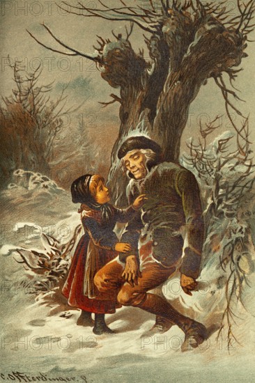 Young girl, 4 to 6 years, saves old man from freezing to death, cold winter, snowy landscape, nature, trees, bushes, exhaustion, death, sleep, wake up, save, social, color historical illustration 1888