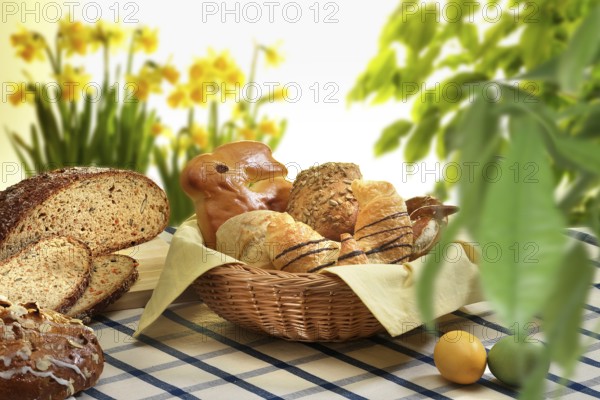 Easter basket with pastries, bread, Easter eggs, on checkered tablecloth, plants and flowers as decoration, studio shot