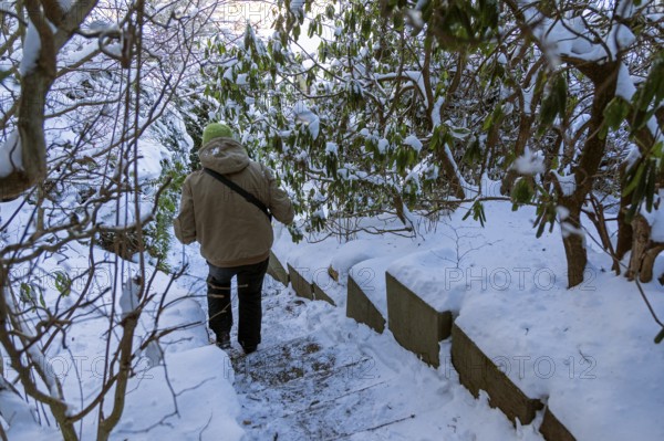 Woman walking down icy stairs, winter, snow, ice, Sieversen, Samtgemeinde Rosengarten, Lower Saxony, Germany