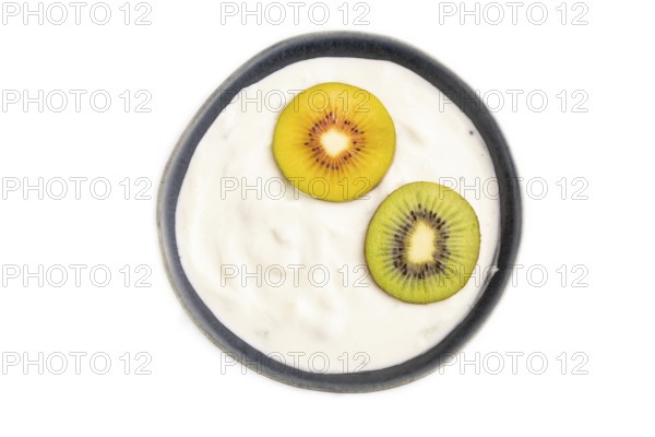 Yogurt, with kiwi in blue bowl isolated on white background, top view, flat lay, close up, minimalism