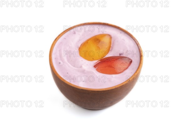 Purple Yogurt, with jelly candy isolated on white background, side view, close up, minimalism