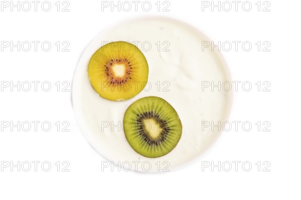 Yogurt with kiwi in white bowl Isolated on white background, top view, flat lay, copy space, minimalism