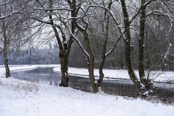 Hunte in winter with snow, Barnstorf, Lower Saxony, Germany