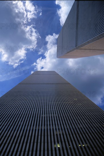 World Trade Center towers, cloudy sky, September 2000, New York City, USA, historical photo, towers destroyed on September 9, 2001