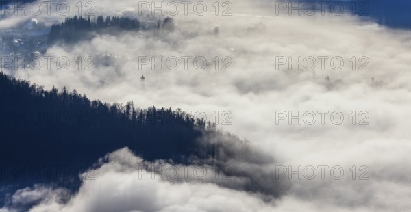 View of a sea of fog from Vormauerstein, Strobl am Wolfgangsee, church tower sticking out of the fog, inversion weather, Osterhorn Group, Salzkammergut, Province of Salzburg, Austria