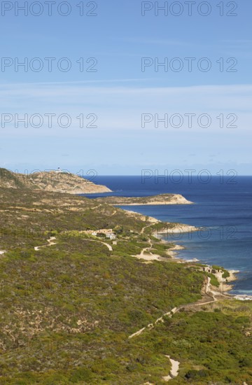 Coast at Punta de la Revellata, behind the lighthouse, Calvi, Haute Corse Department, Corsica, France