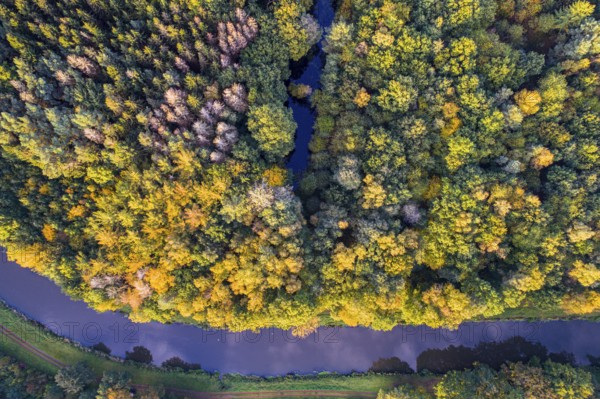 Aerial view of Hunte in autumn, Pestrup, Wildeshausen, Lower Saxony, Germany