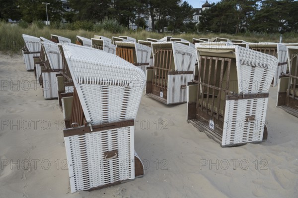 Beach chairs set up for transport to winter quarters, sandy beach, Baltic Sea, Binz, seaside resort, Rügen island, Mecklenburg-Western Pomerania, Germany