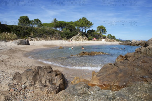 Bay on sandy beach, Solenzara on the Mediterranean Sea, Corse-du-Sud Department, Sartène Arrondissement, Bavella Canton, Alta Rocca Municipal Association, Corsica, France