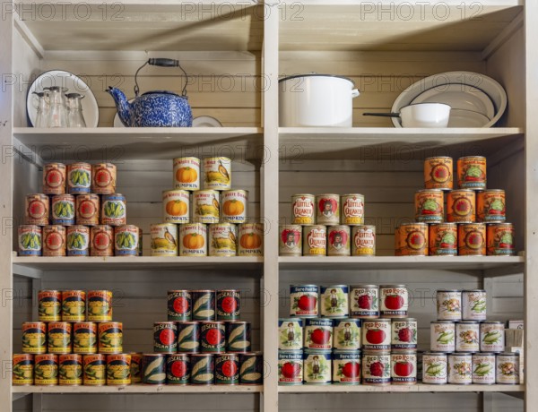 Interior view, historic restored Kennicott shopping store with historic goods display, retro food cans, historic Kennecott copper mine, National Historic Landmark, Wrangell St. Elias National Park, Alaska