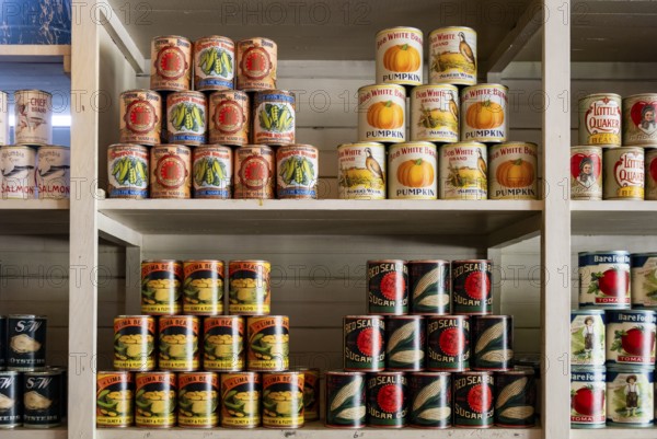 Interior view, historic restored Kennicott shopping store with historic goods display, retro food cans, grocery store, historic Kennecott copper mine, National Historic Landmark, Wrangell St. Elias National Park, Alaska