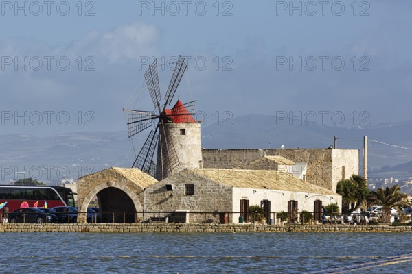 Salt museum, traditional windmill, saltworks di Trapani and Paceco nature reserve, traditional salt production, Nubia, Trapani, salt route, Sicily, southern Italy, Italy