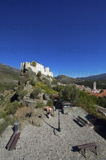 Citadel with the bastion Eagle's Nest, mountain town of Corte, on the right the village of Corte, Haute-Corse, Corsica, Mediterranean, France