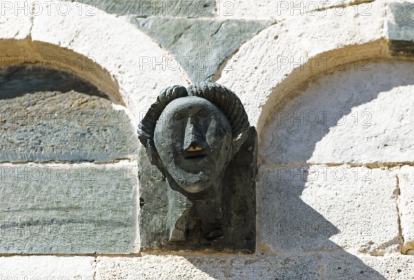 Details on the façade of the Romanesque Pisan church of San Michele de Murato, Bevinco Valley, Haute-Corse Department, Corsica, Mediterranean Sea, France