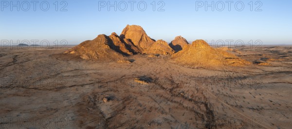 Aerial view, sunset, mountains in the desert, Spitzkoppe summit, Namib desert, Namibia