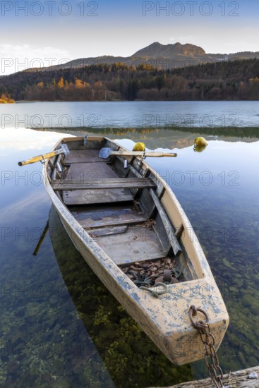 Wooden rowing boat on wintry Reintaler See, Reintaler See, Tyrol, Austria