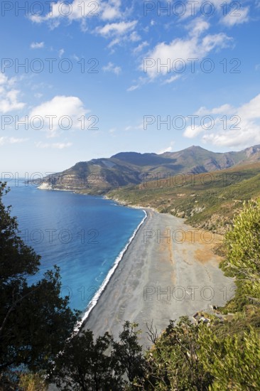 Black pebble beach Plage de Nonza or Plage Negro, Cap Corse, Haute-Corse Department, Corsica, Mediterranean Sea, France