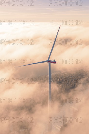 Wind turbine in the middle of a foggy landscape while the sun is behind clouds, Bad Wildbad, Calw district, Black Forest, Germany