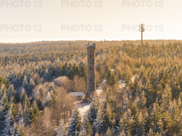A sunny day with an observation tower between snow-covered fir trees along a forest trail, Holohturm, Gernsbach, Rastatt district, Germany