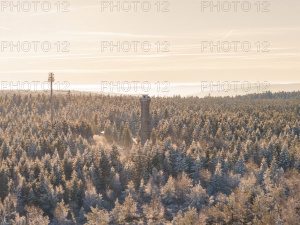 View of a winter forest with a tower and cell phone tower in the evening, Holohturm, Gernsbach, Rastatt district, Germany