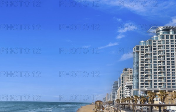 Scenic Israel Tel Aviv coastline seashore promenade with hotels and beaches near Old Jaffa port