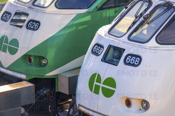 Toronto, Ontario, Canada-June 2, 2025: Toronto Go Train arriving at a platform at Union station terminal