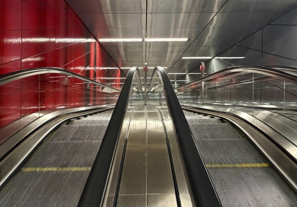 Artwork titled Three Model Spaces by Ralf Brög, escalators at Heinrich-Heine-Allee subway station, Düsseldorf, Germany
