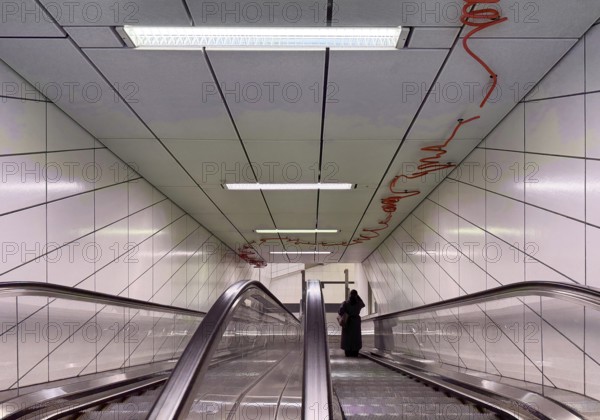 Artwork titled Spur X by Enne Hähnle, escalators of the Kirchplatz subway station, Werhahm line, Düsseldorf, North Rhine-Westphalia, Germany