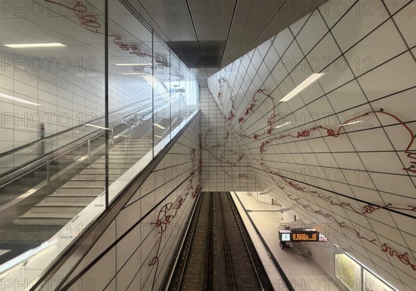 Artwork titled Spur X by Enne Hähnle, view at the Kirchplatz subway station, Düsseldorf, North Rhine-Westphalia, Germany