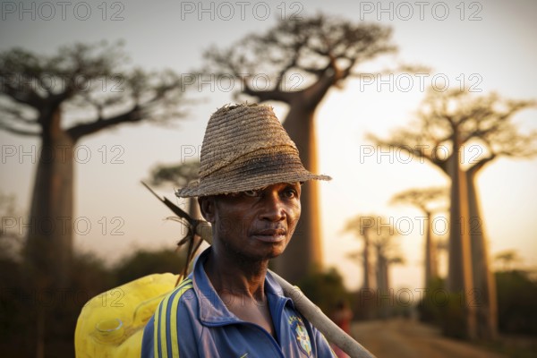 Farmer at sunrise on Baobab Alley in western Madagascar