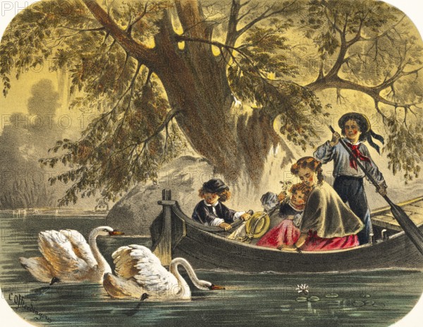 Mother with her two children on a boat trip across a lake, young man rows and steers the boat, girl cuddles with mother, boy steers, satisfaction, two swans swimming next to it, water lilies, thatch on the shore, tree, valuable clothing, prosperity, colored lithography, Germany, historical illustration 1867