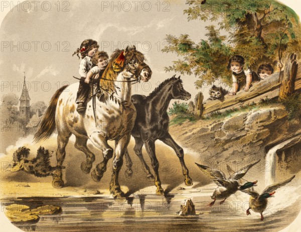 Boys and girls have fun riding on a river, two horses, children and cats on a bridge watch the riders, idyllic village scene, ducks fly away, dog barks, church, children laugh with joy, a fun leisure time pleasure, satisfaction, colored lithography, Germany, historical illustration 1867