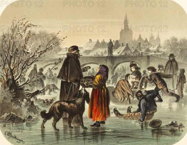 Frosty winter time, poor girl selling pretzel on the frozen river, cityscape with church and river bridge, hustle and bustle on the ice, man pushes woman with sled, man with dog buys pretzel, earn money, child labor, poverty, colored lithography, Germany, historical illustration 1867