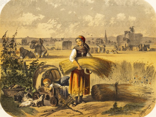 Young woman with baby in a stroller on a cornfield, agriculture, harvest, grain, bundle, sickle to cut, horse-drawn carriage, haywagon, village with church, harvest worker, satisfaction, dog playing, summer, colored lithography, Germany, historical illustration 1867