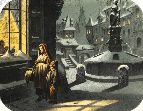 Two poor children, boy and girl, watching from the street a festively decorated Christmas tree in a house, Christmas, Christian festival, winter, cold, snowfall, cityscape, fountain, lights, light, dark and poor, rich contrast, wealth, happiness, sadness, brightly lit windows, happiness and misfortune, colored lithography, Germany, historical illustration 1867