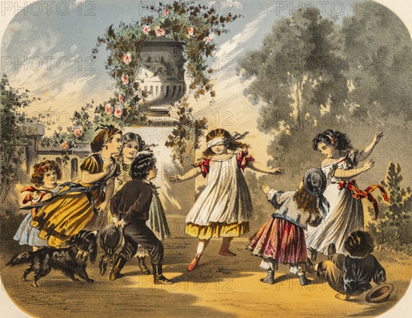 Children celebrate birthday and play blind cow outdoors, garden, blindfolded, fun, laughing, mother, girl and boy, dancing, clothes, suit, prosperity, family, flowers blooming, dog, wall, colored lithography, Germany, historical illustration 1867