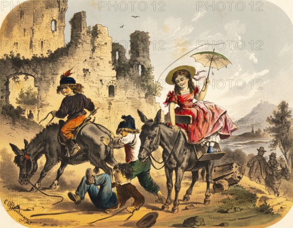 Children have fun riding on two donkeys, castle ruins in the background, stubborn donkeys throw off boys, girl with seat and parasol, boy pushes donkey, joy, funny and idyllic scene, mountain landscape, colored lithography, Germany, historical illustration 1867