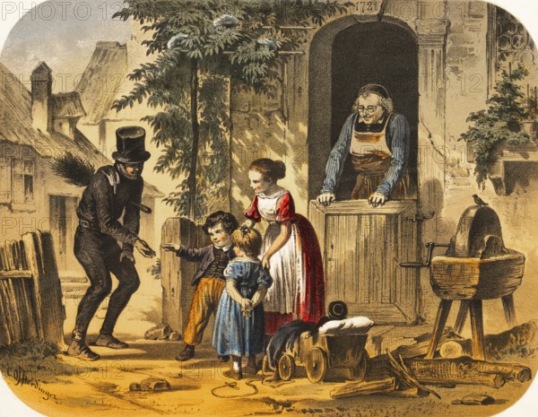 Village scene with chimney sweep, woman with two small children paying the chimney sweep, black man, cylinder, broom, girl with doll car, jumping dew, old man with glasses looking out the door, whetstone in front of house, hand crank, smile, satisfaction, gratitude, happiness, loving scene, wooden fence, colored lithography, Germany, historical illustration 1867
