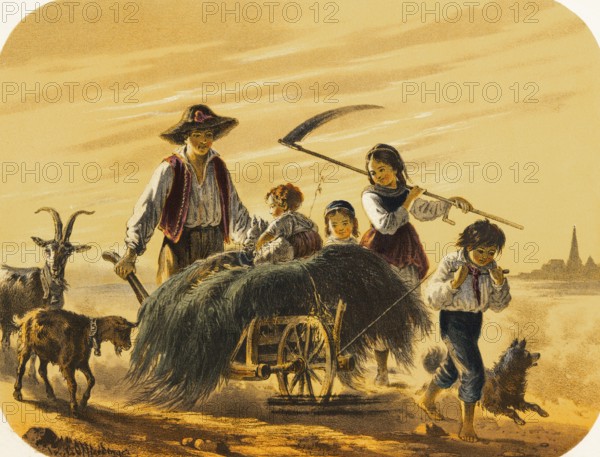 Family returns home with wheelbarrow full of grass, woman carries scythe to mow, man pushes full car with toddler, boy pulls the cart, goat and young goat run behind, dog, satisfaction, village with church in the background, colored lithography, Germany, historical illustration 1867