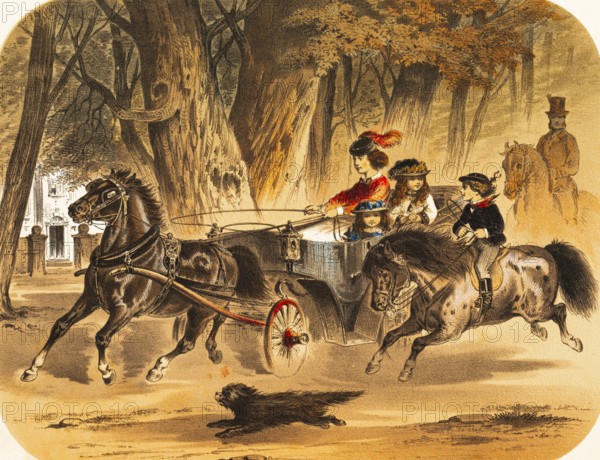 Wild ride with the open horse-drawn carriage, whip, woman steers, girl sitting in carriage, child riding on pony next to it, dog, children, gentleman with top hat on horse in the background, row of trees, villa, colored lithography, Germany, historical illustration 1867