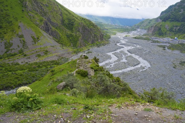 View of a green valley with a riverbed and surrounding mountains under cloudy sky, Tergi River, Terek, Tergital, Kazbegi, Stepansminda, Georgian Military Road, Mtskheta-Mtianeti Province, High Caucasus, Georgia