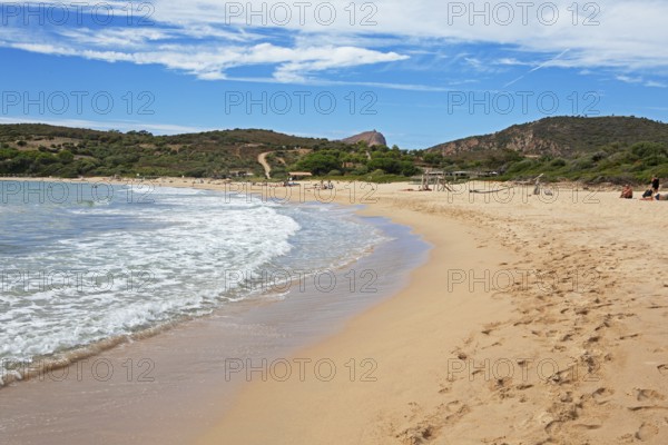 Plage d'Arone sandy beach, Capo Rosso and the Genoese Tower in the back, Piana, Corse-du-Sud department, west coast, Corsica, Mediterranean, France