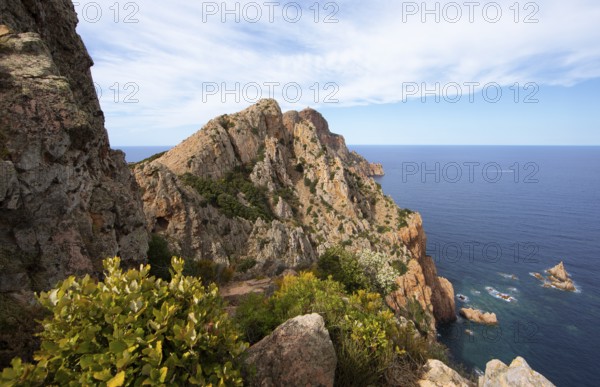 Bizarre rock formations on Capo Rosso, Piana, Corse-du-Sud department, west coast, Corsica, Mediterranean, France