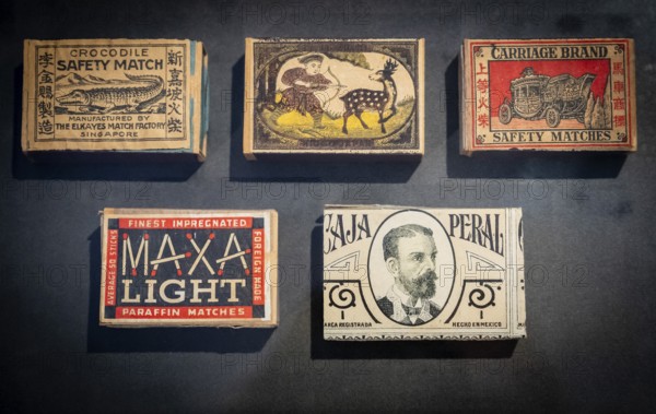Matchboxes with old label design and different motifs, Tändsticksmuseet matchstick museum or match museum, Jönköping, Jönköpings län, Sweden