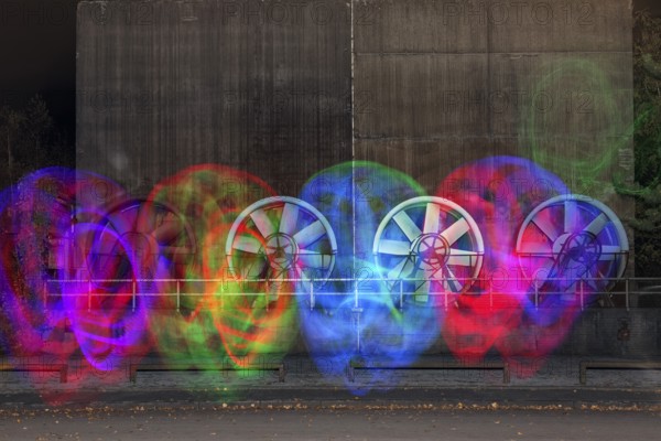 Light painting, color-lit fans of the former cooling plant, Landschaftspark Duisburg-Nord, Duisburg, Germany, North Rhine-Westphalia, Germany