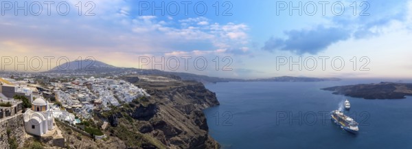 Greek islands, scenic Santorini Sea landscapes at sunset and Fira views