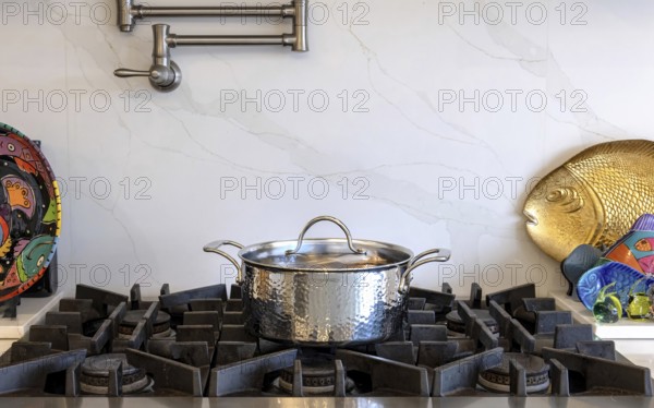 Modern kitchenware and microwave in luxury designer kitchen. Food preparation with expensive kitchen tools