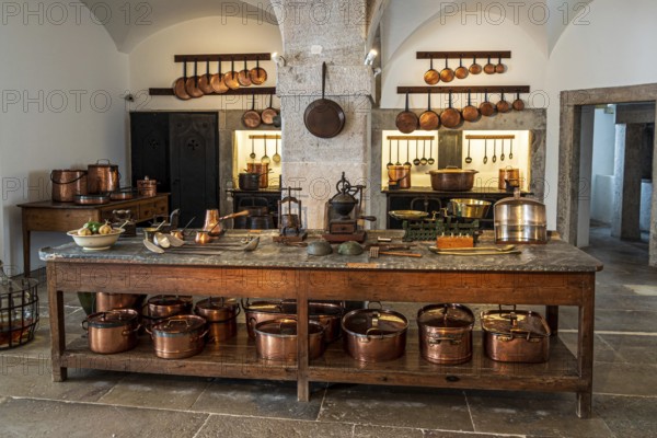Copper pots and copper pans, kitchen of the palace Palácio Nacional da Pena, Sintra, Portugal